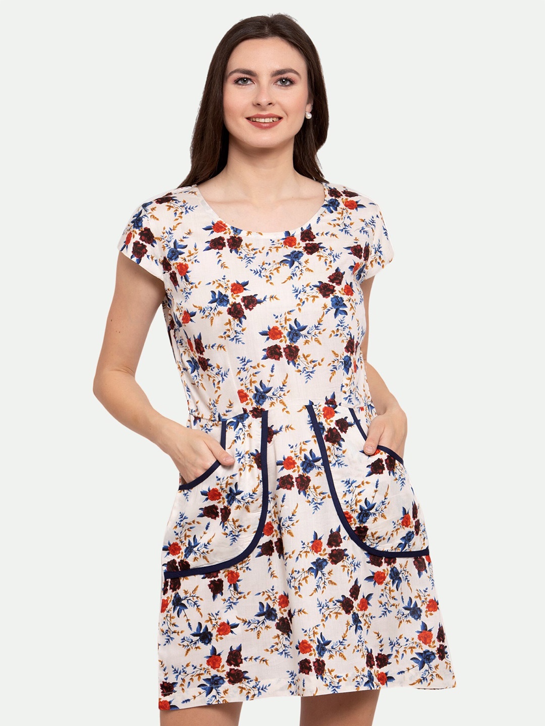 

PATRORNA Floral Print Fit And Flare Dress, Off white