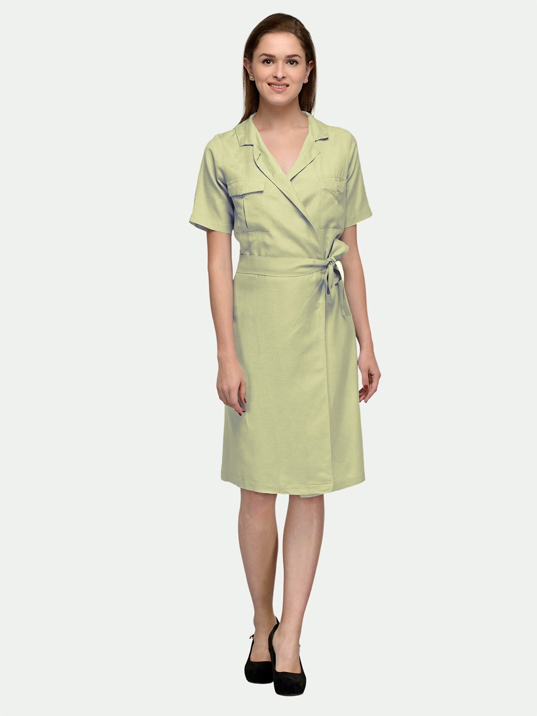 

PATRORNA Belted Shirt Collar Wrap Dress, Cream