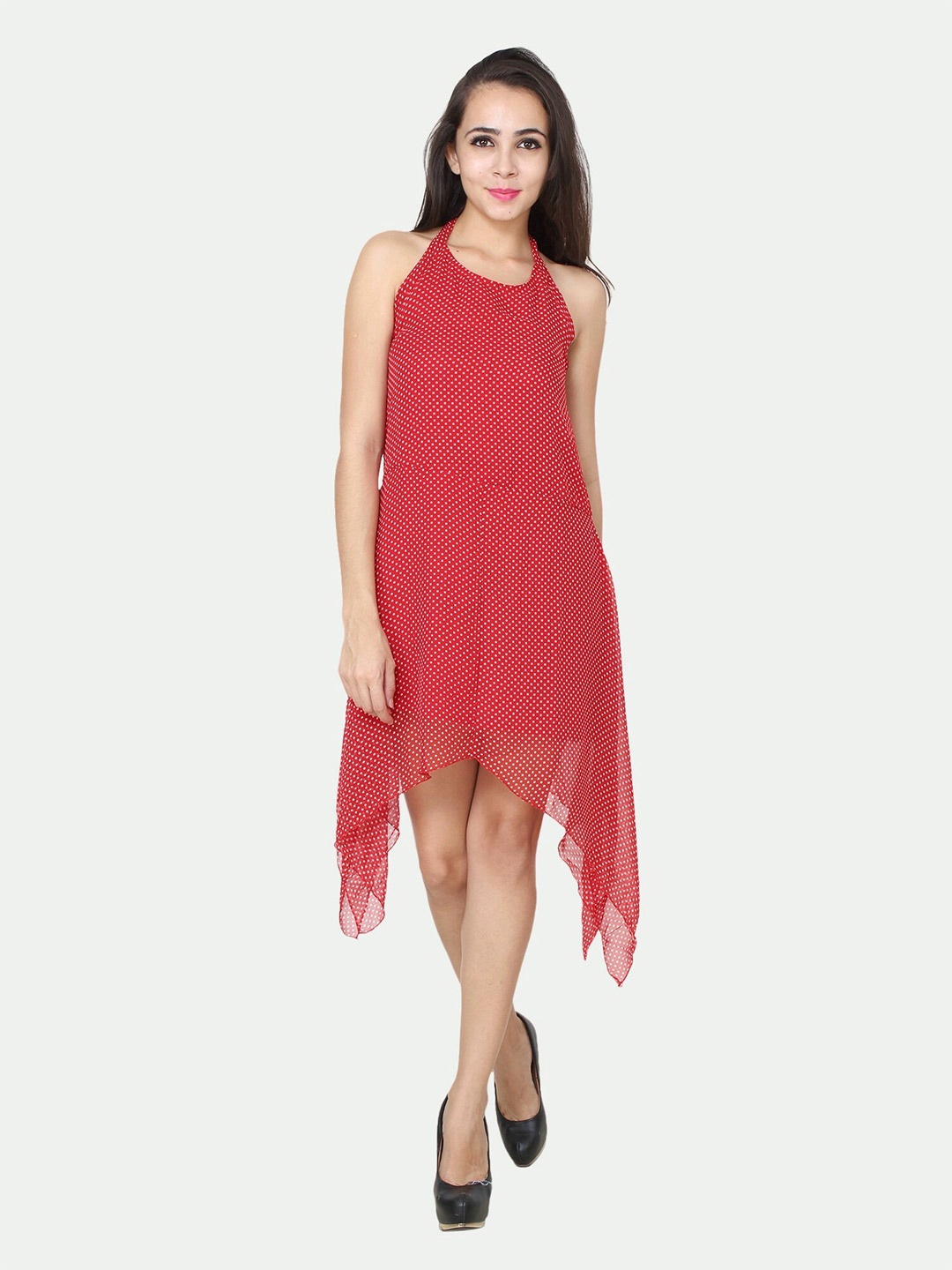 

PATRORNA Polka Dots Printed Halter Neck A-Line Dress, Red