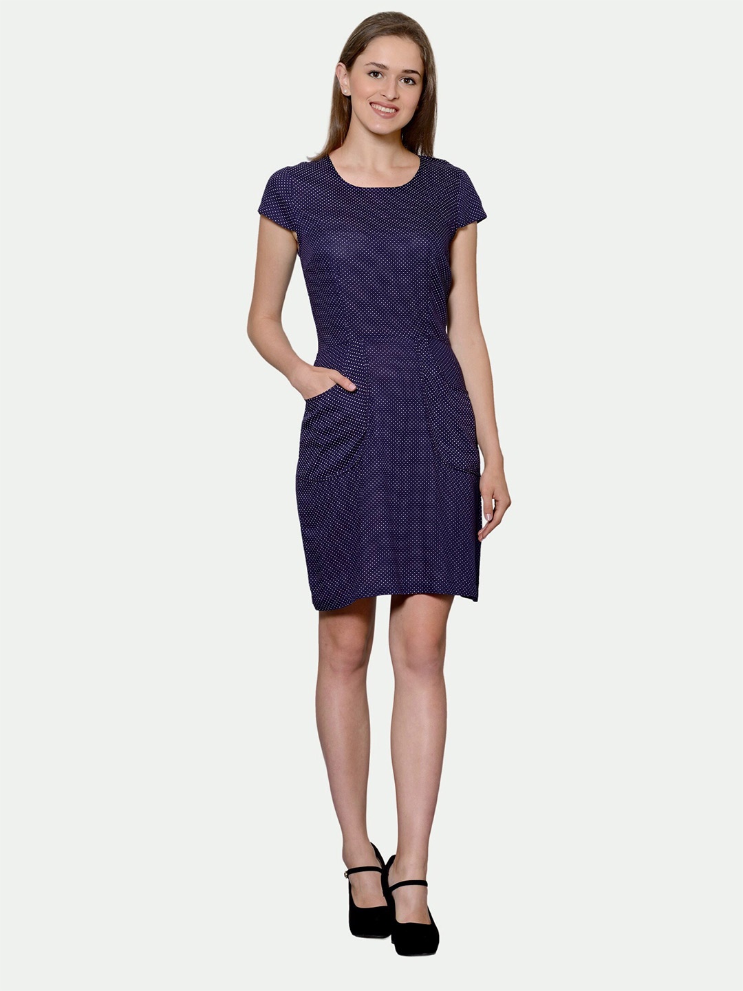 

PATRORNA Round Neck Cap Sleeves Sheath Dress, Navy blue
