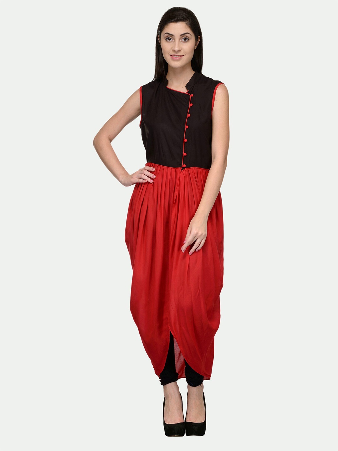 

PATRORNA Women Colourblocked Gathered Tulip Hem Cotton Kurta, Black