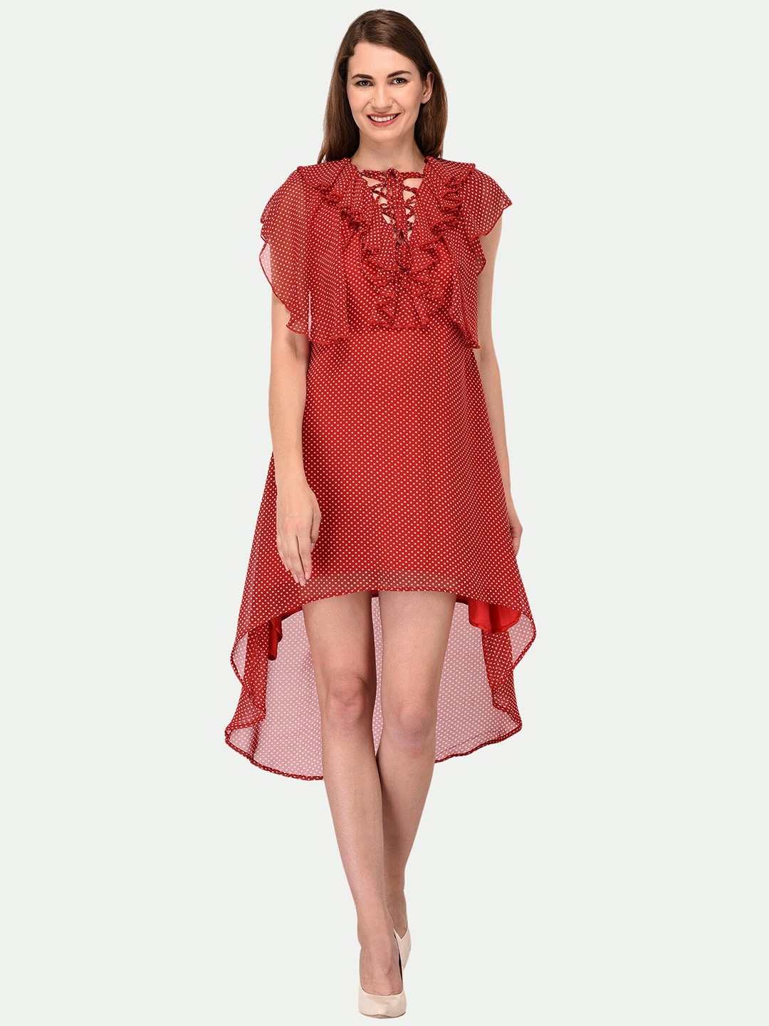 

PATRORNA Tie-Up Neck Ruffles Cotton Midi Dress, Red
