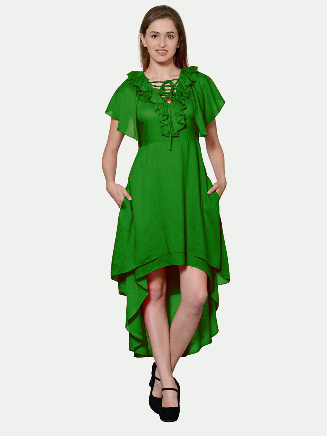 

PATRORNA Tie-Up Neck Ruffles Cotton Midi Dress, Green