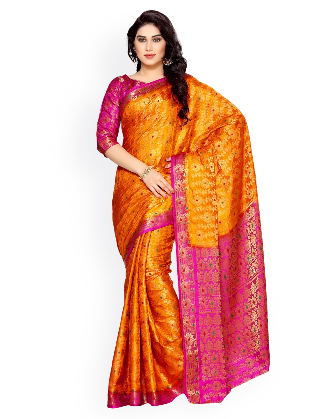 

MIMOSA Gold-Toned & Orange Art Silk Embellished Kanjeevaram Saree