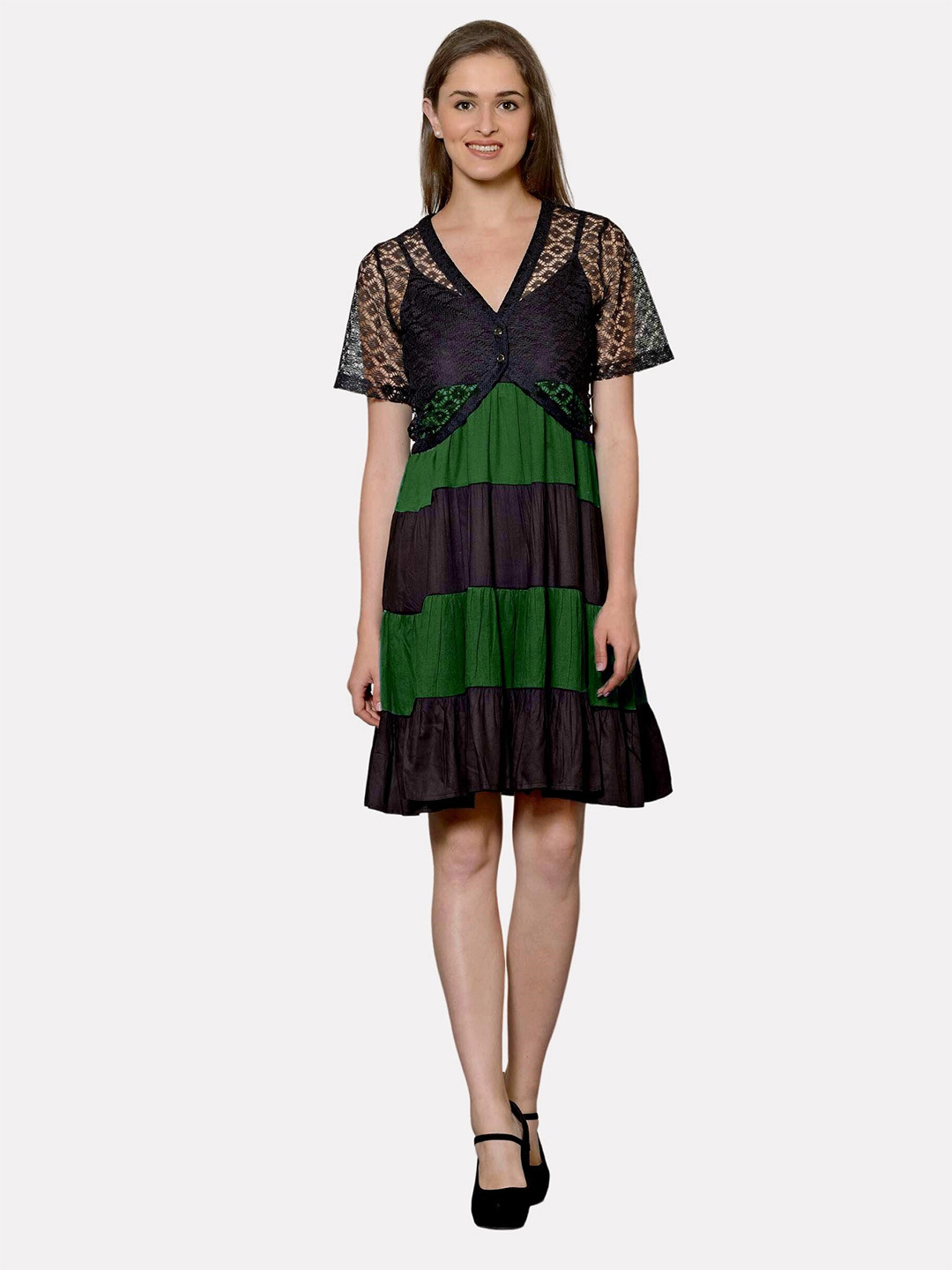 

PATRORNA Black & Green Colourblocked Cotton Dress