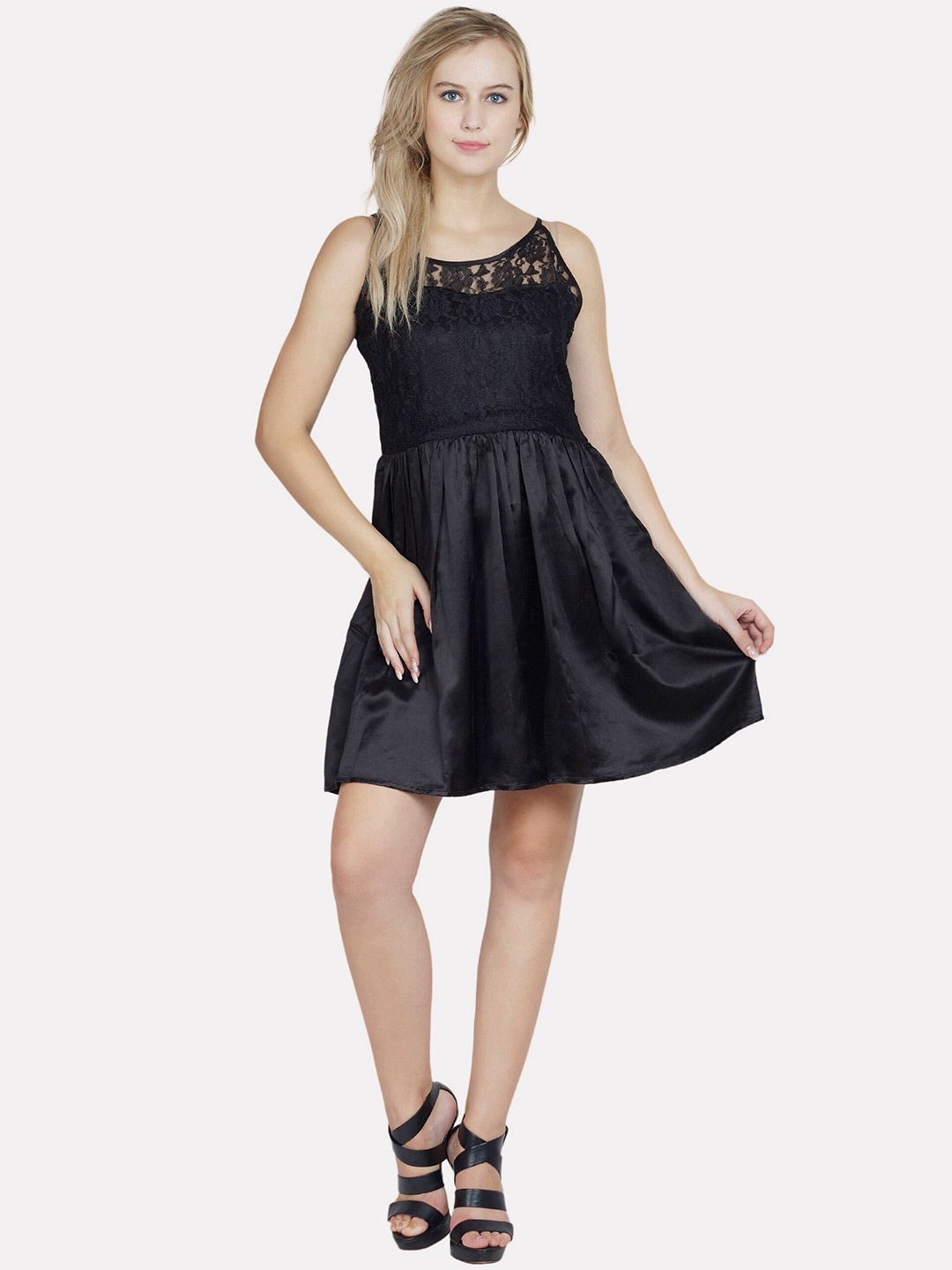 

PATRORNA Fit & Flare Lace Inserts Cotton Dress, Black