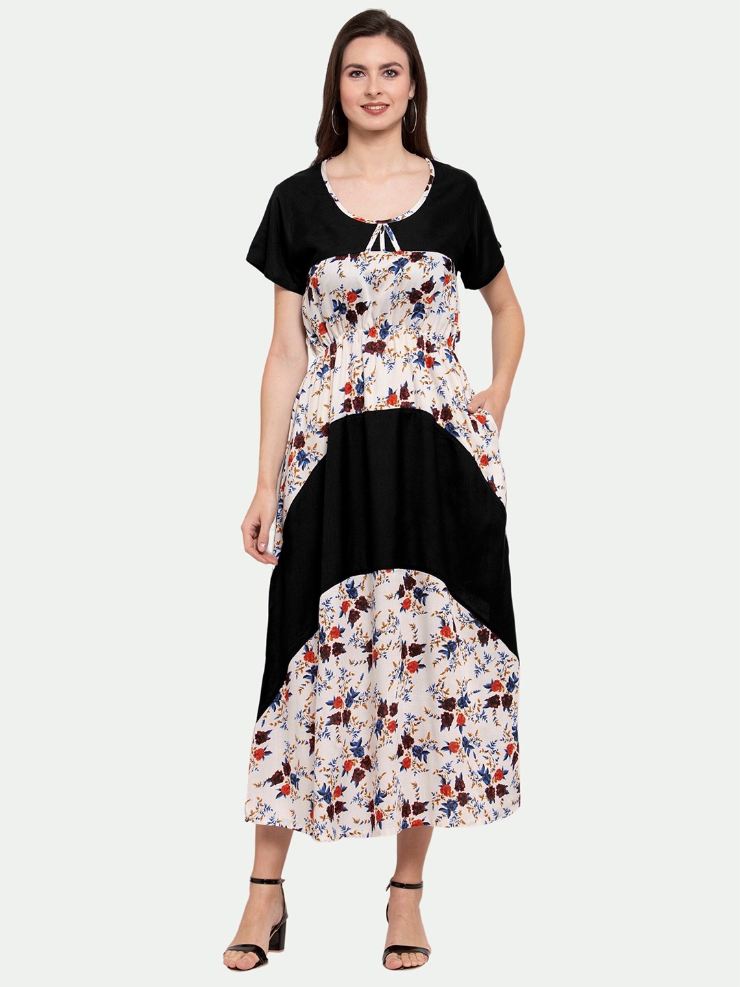 

PATRORNA Floral Printed Round Neck Midi Cotton Dress, Black