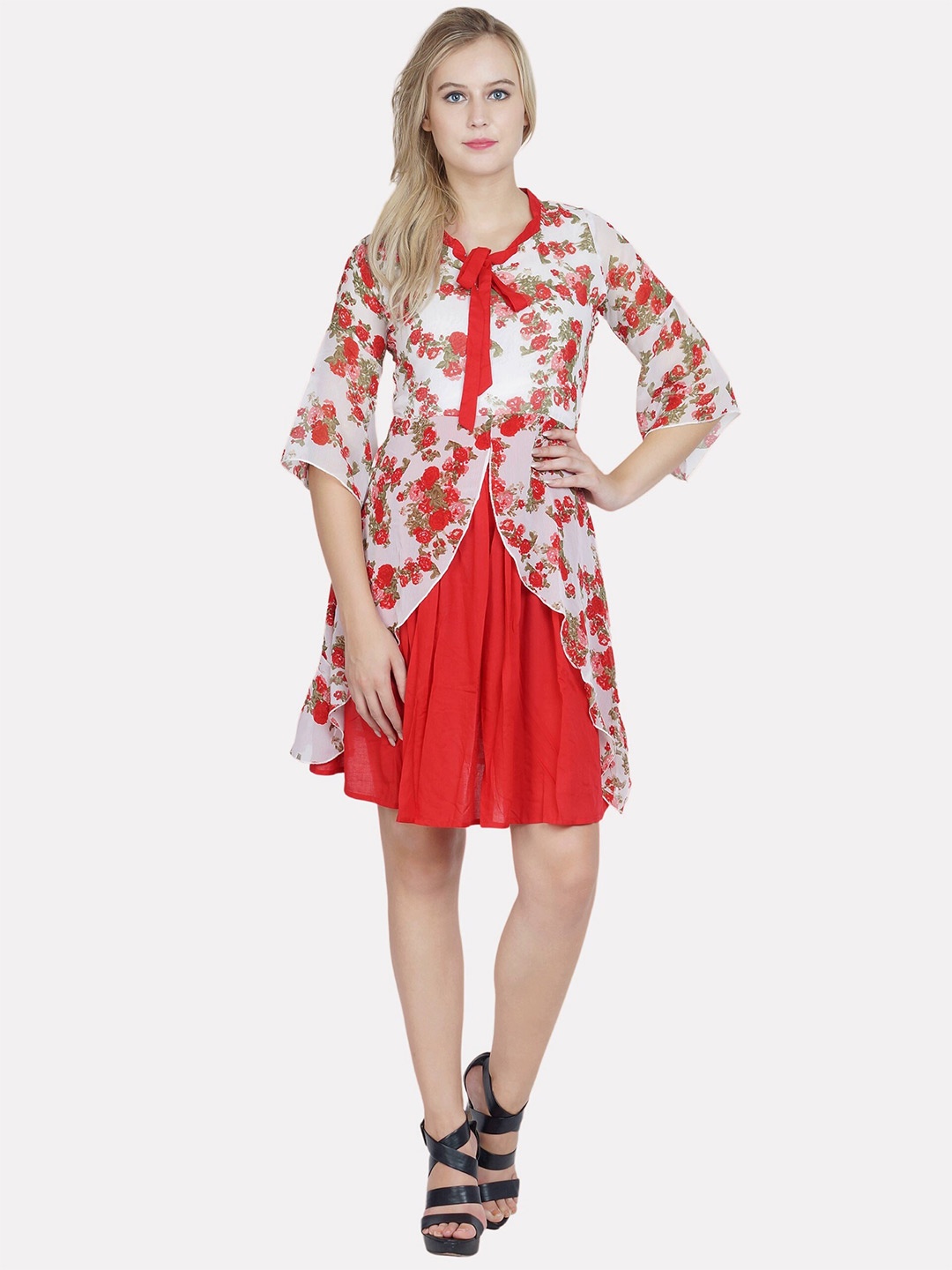 

PATRORNA Floral Cotton Tie-Up Neck A-Line Dress, Red