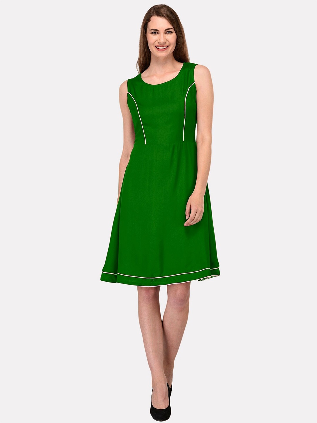 

PATRORNA Round neck Sleeveless A-line Dress, Green