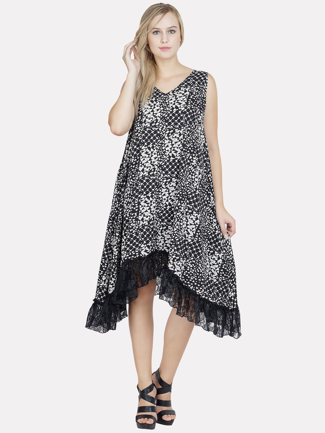 

PATRORNA V-neck A-Line Midi Dress, Black