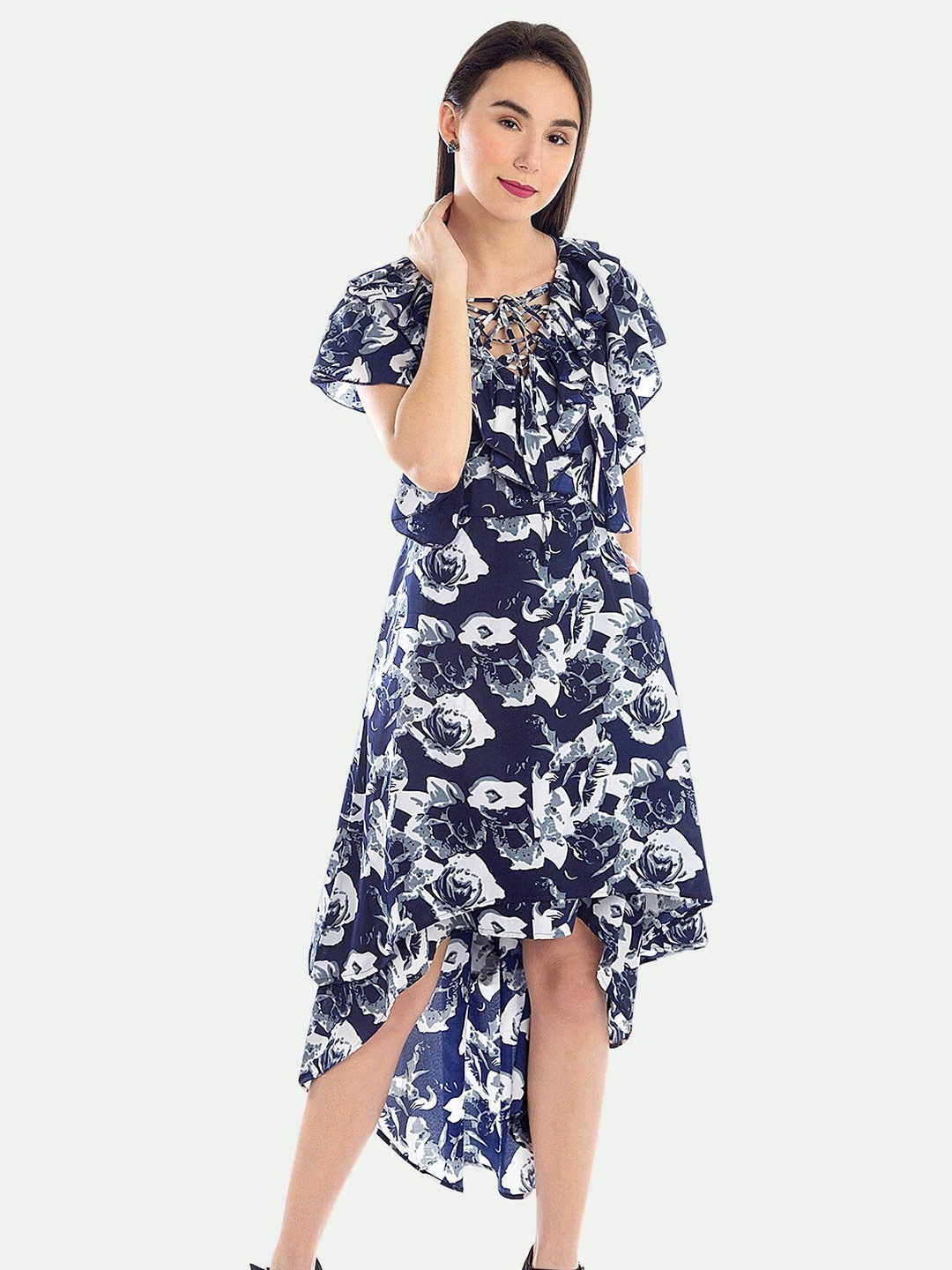 

PATRORNA Floral Tie-Up Neck Cotton Midi Dress, Navy blue