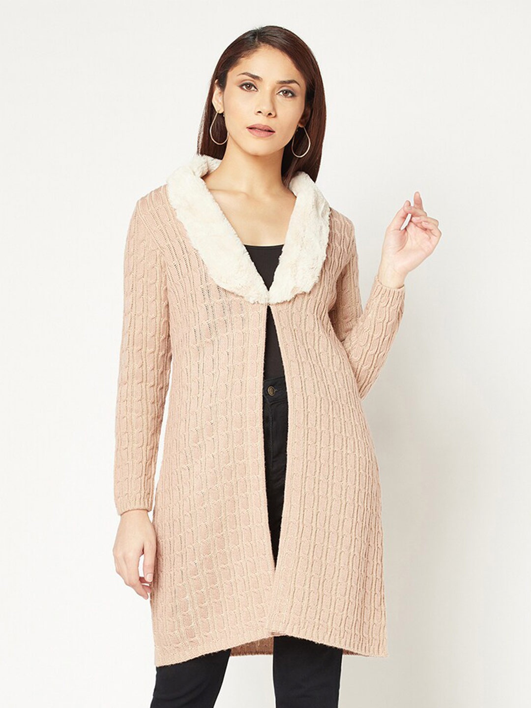

Knitstudio Women Self Design Longline Shrug, Peach
