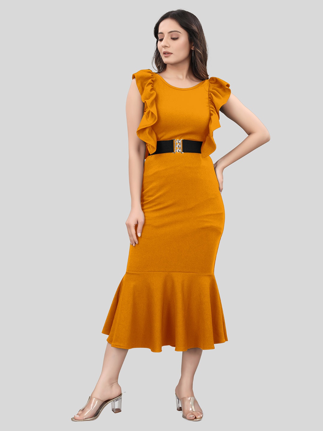 

WEAVETECH IMPEX Sheath Maxi Bodycon Knee Length Lycra Dress, Mustard