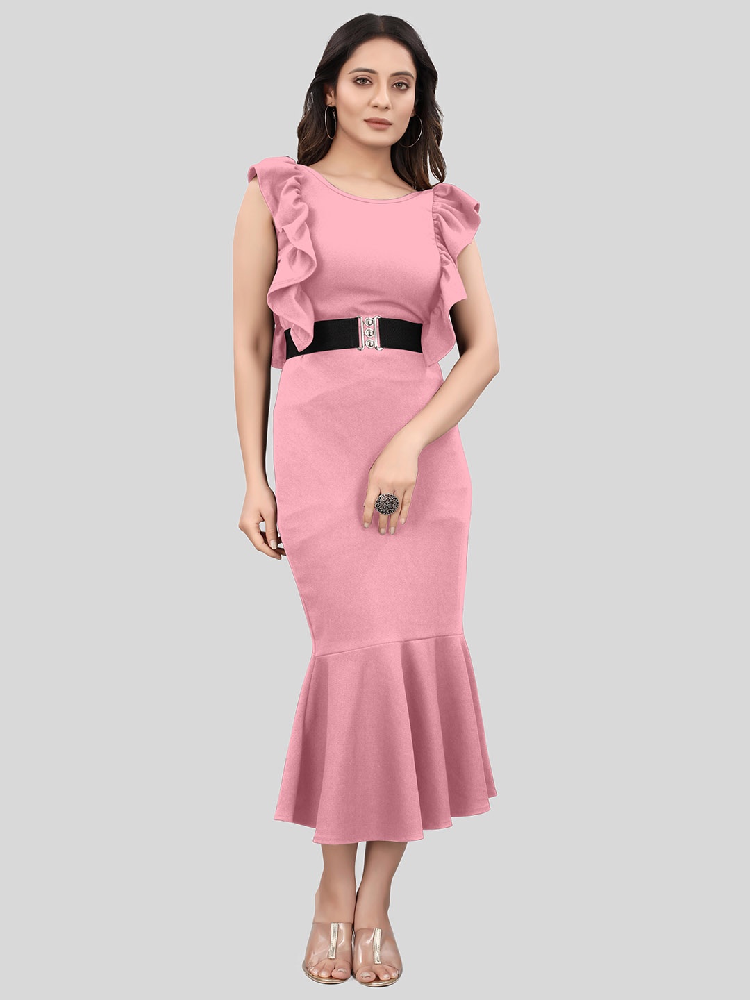 

WEAVETECH IMPEX Flutter Sleeved Sheath Midi Dress, Pink