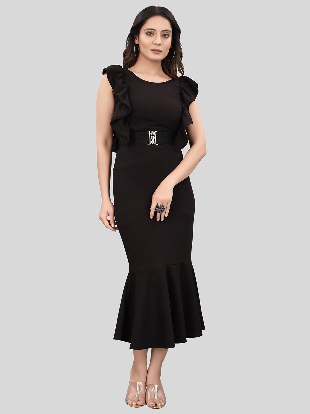 

WEAVETECH IMPEX Flutter Bodycon Midi Dress, Black
