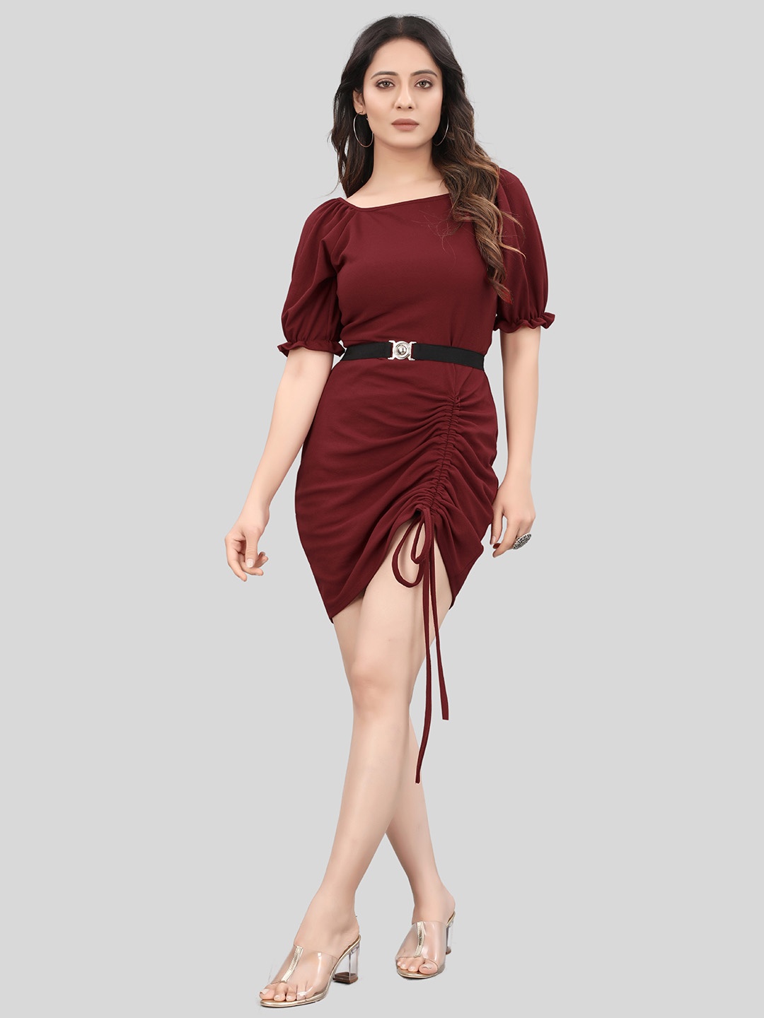 

WEAVETECH IMPEX Ruched Puff Sleeves Knitted Sheath Dress with a Belt, Maroon