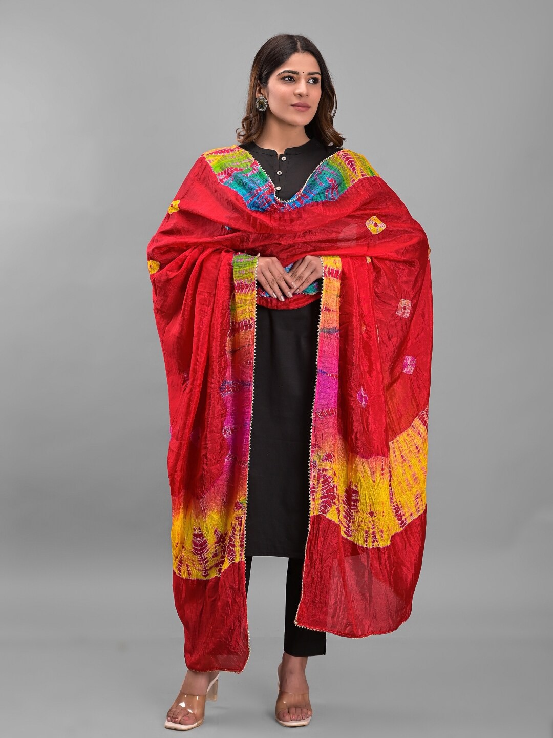 

Apratim Printed Art Silk Shibori Dupatta, Red