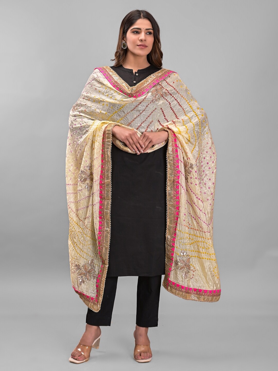 

Apratim Bandhani Printed Art Silk Dupatta, Beige