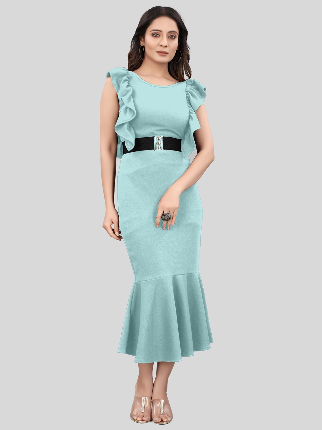 

PRASTHAN Belted Flounce Sheath Midi Dress, Turquoise blue