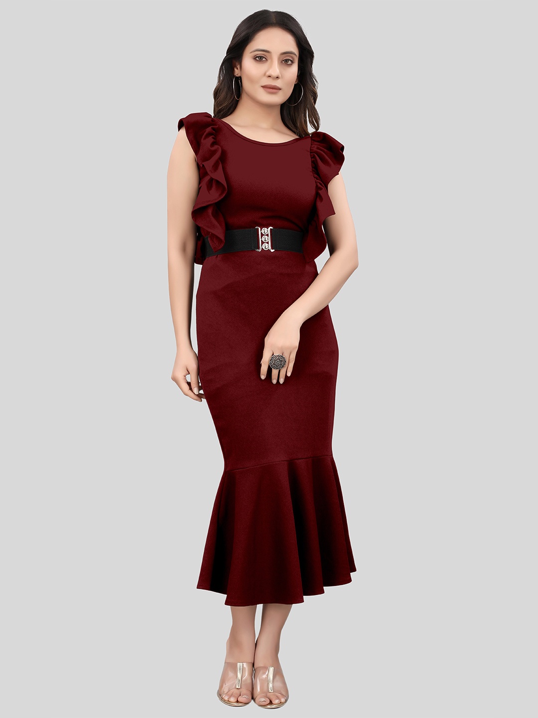 

PRASTHAN Belted Flounce Sheath Midi Dress, Maroon