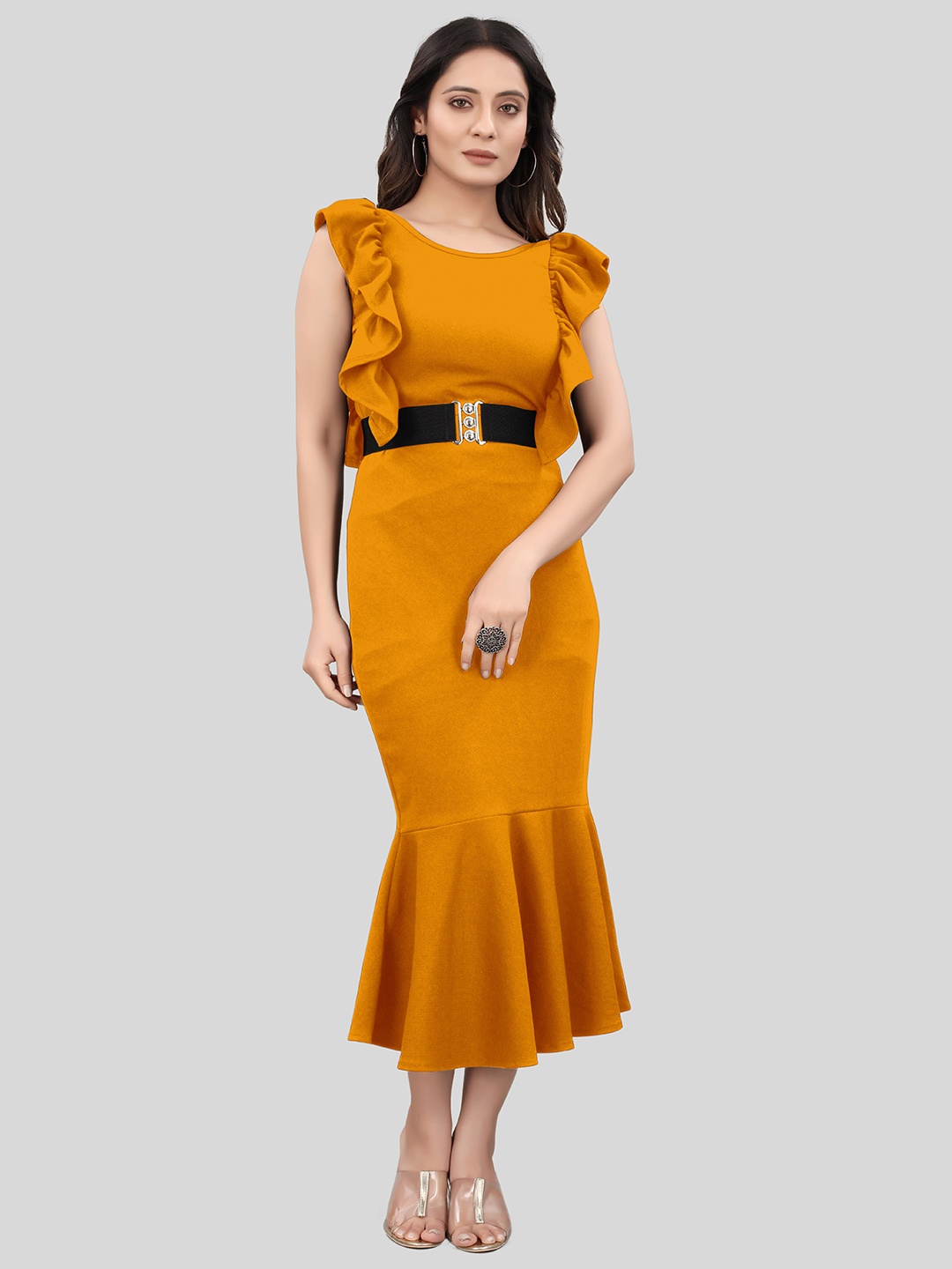 

PRASTHAN Ruffles Sheath Midi Dress, Mustard