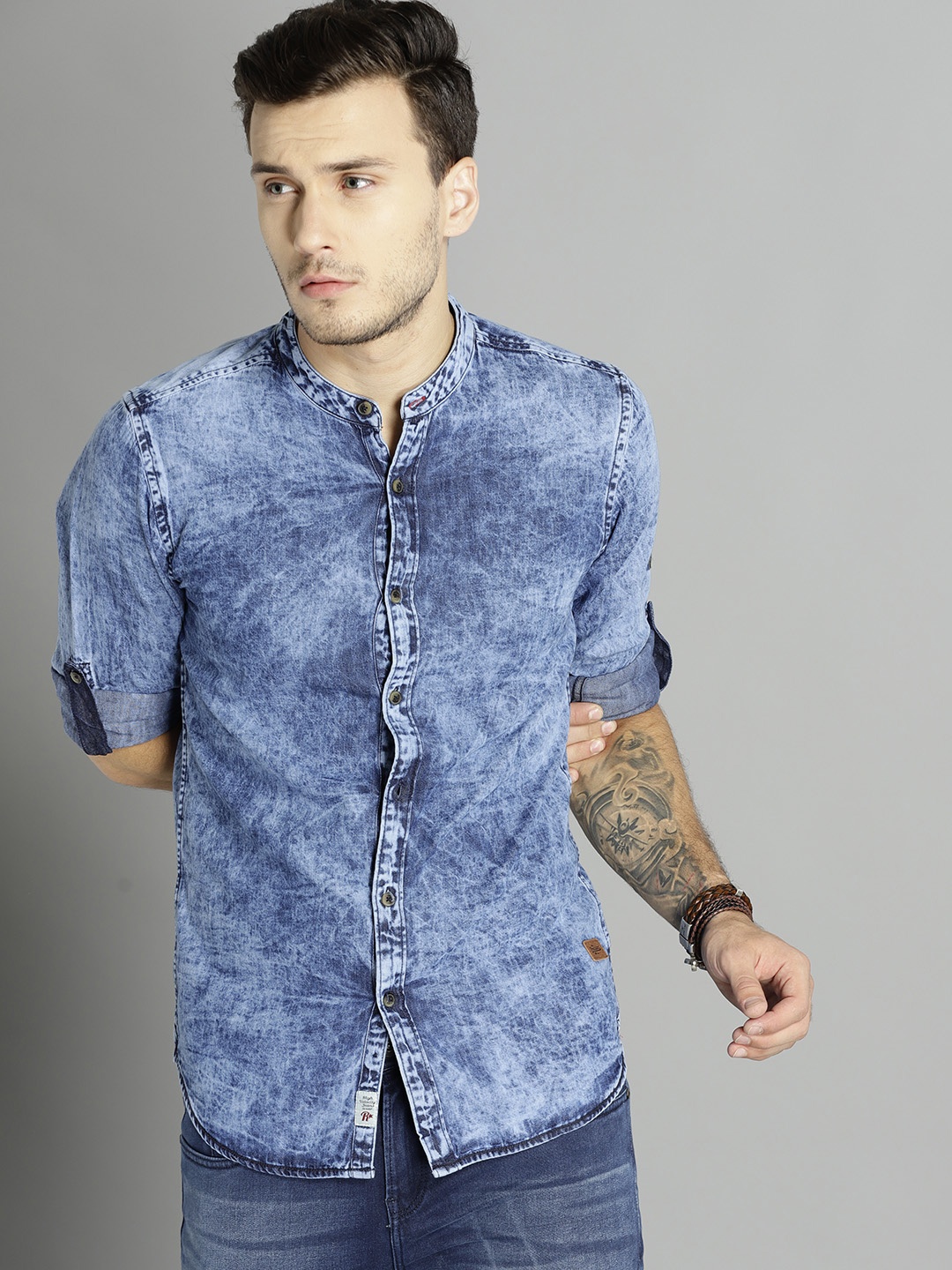 

Roadster Men Blue Denim Casual Shirt with Heavy Wash