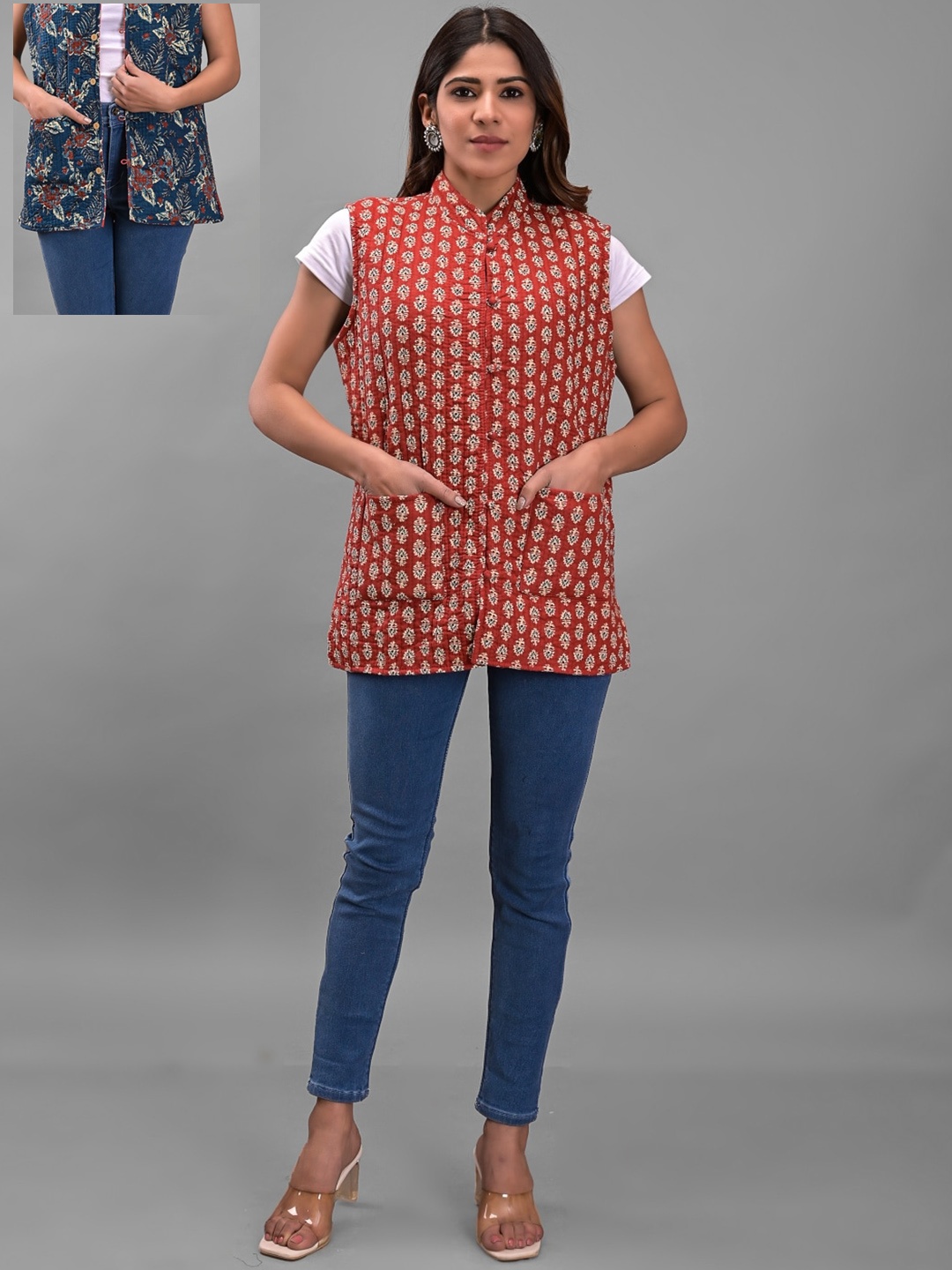 

Apratim Women Floral Reversible Cotton Longline Tailored Jacket, Red