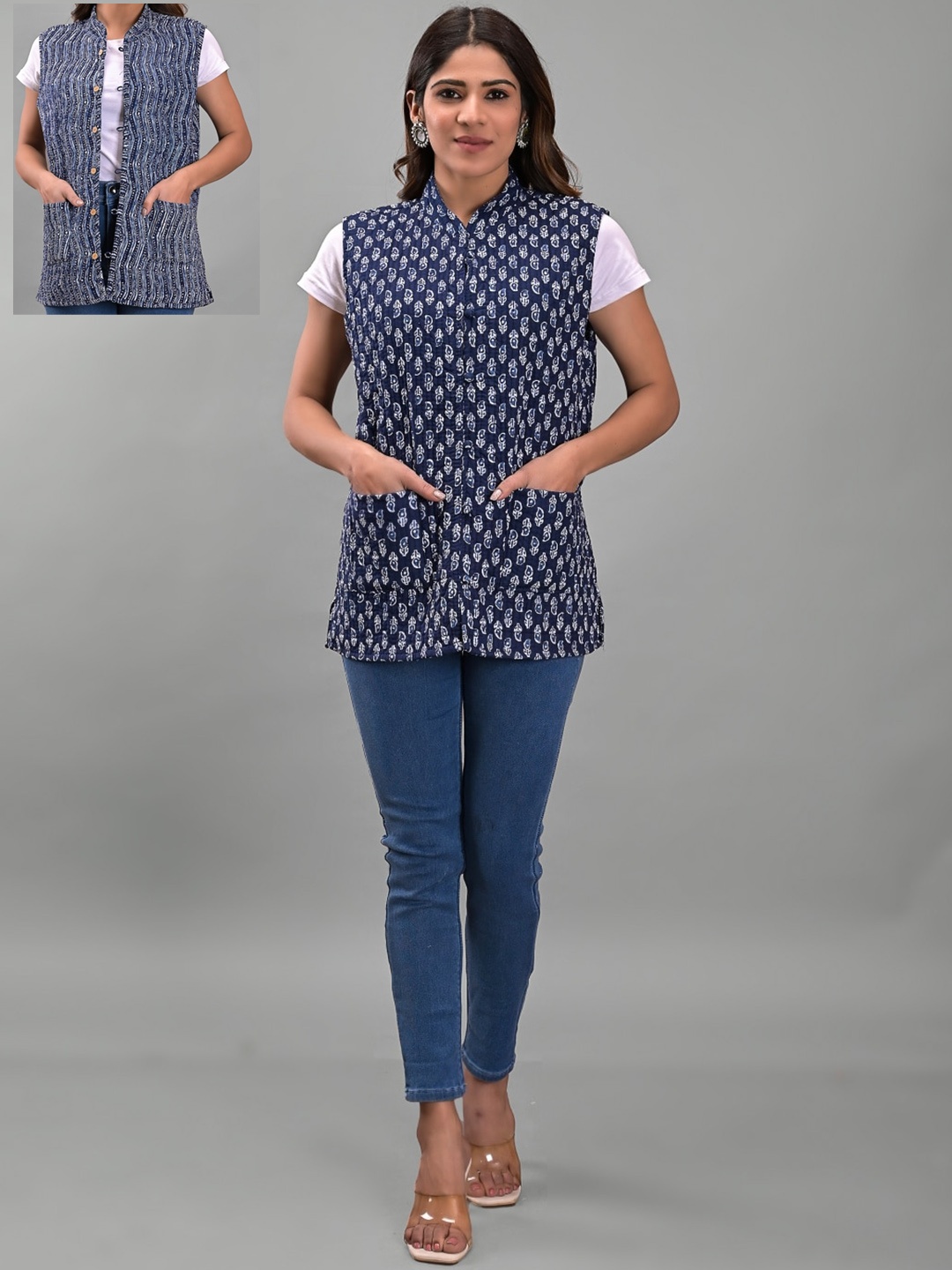 

Apratim Women Reversible Cotton Longline Tailored Jacket, Blue