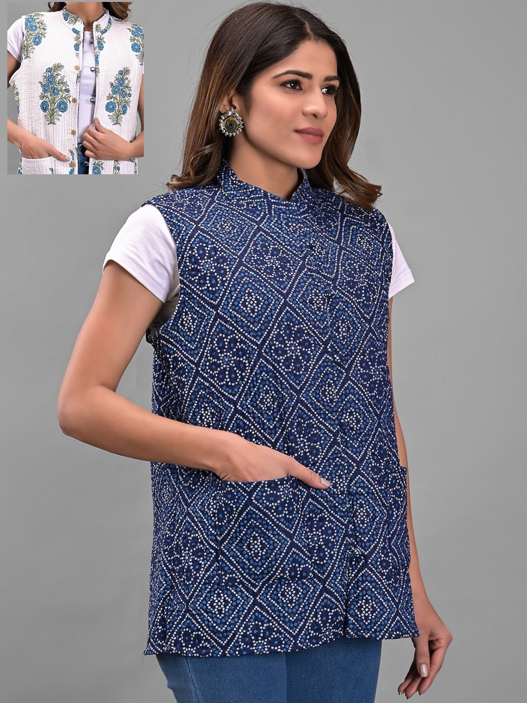 

Apratim Women Reversible Cotton Longline Tailored Jacket, Blue