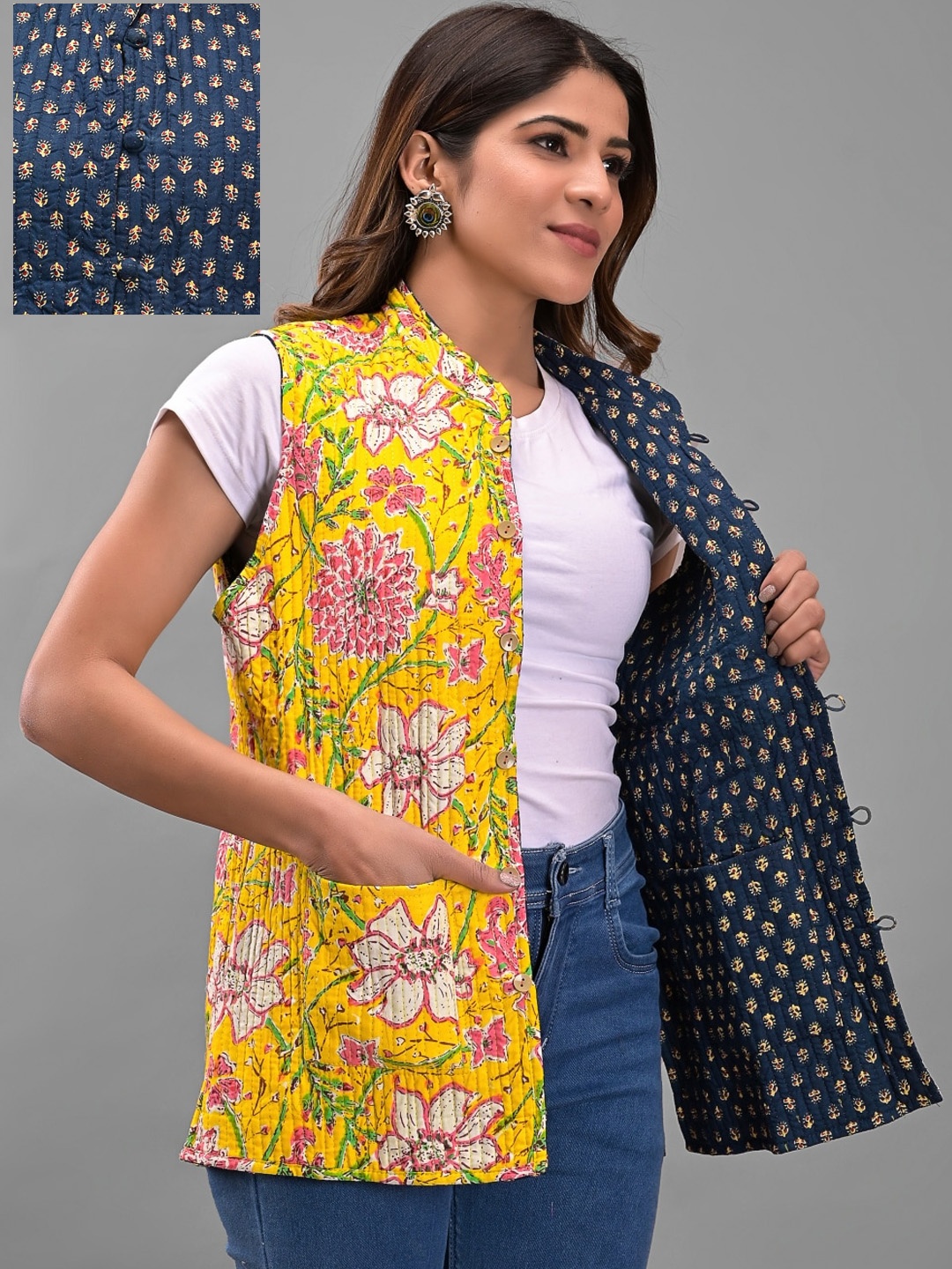 

Apratim Women Floral Cotton Reversible Longline Tailored Jacket, Blue