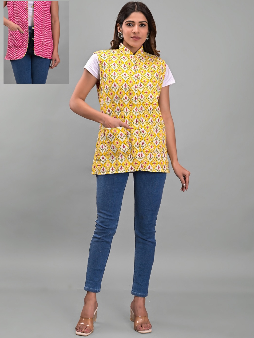 

Apratim Women Floral Cotton Reversible Longline Tailored Jacket, Yellow