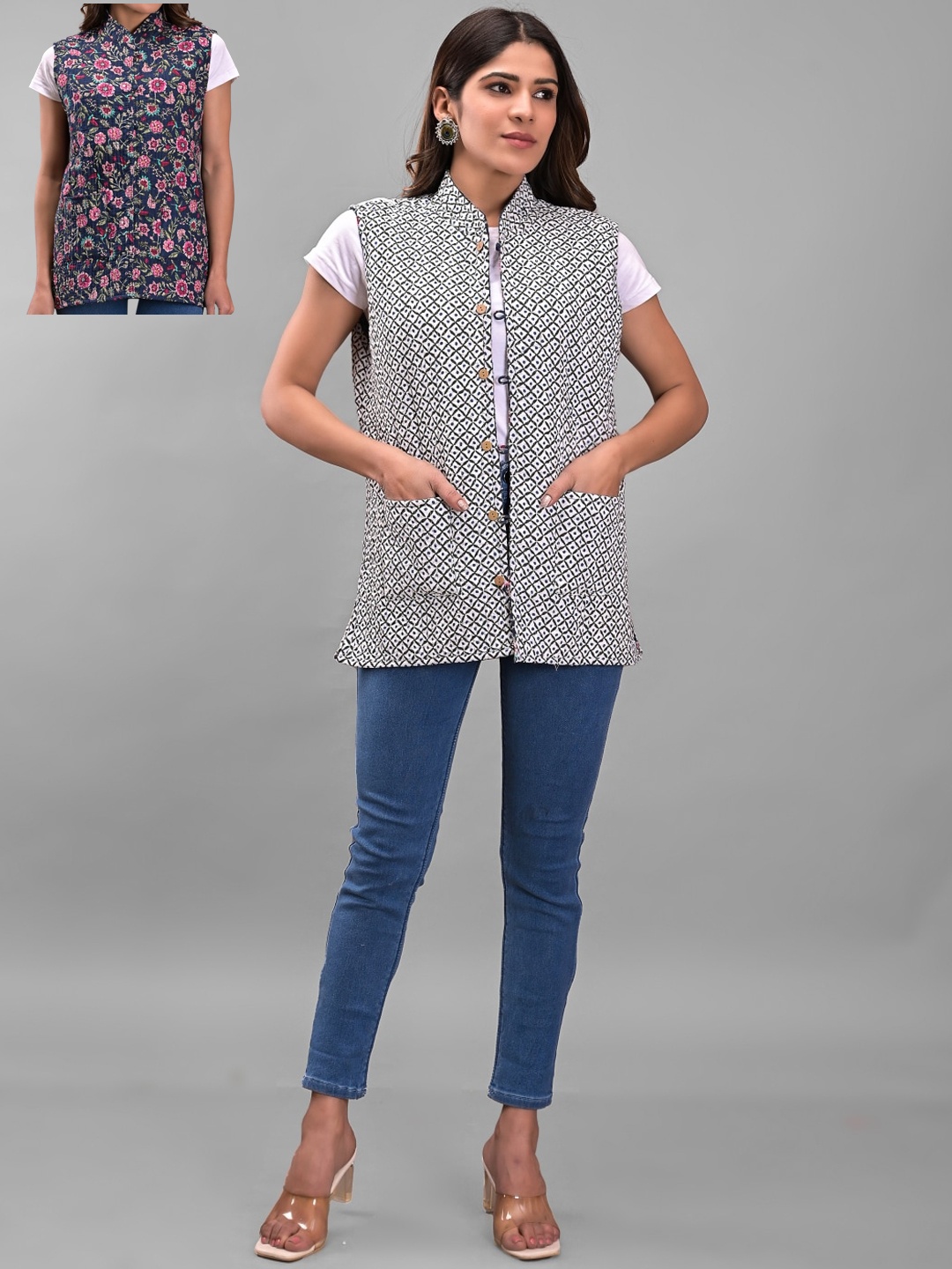 

Apratim Women Floral Printed Reversible Cotton Tailored Jacket, White
