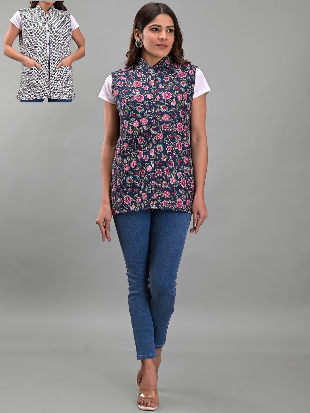 Apratim Women Floral Printed Reversible Cotton Tailored Jacket, Navy blue
