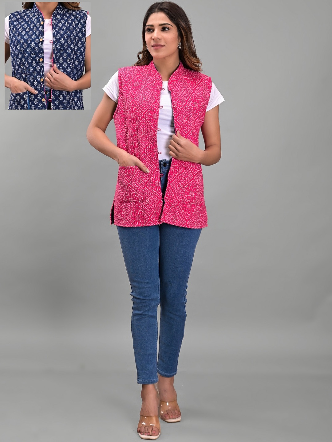 

Apratim Women Printed Reversible Cotton Tailored Jacket, Pink