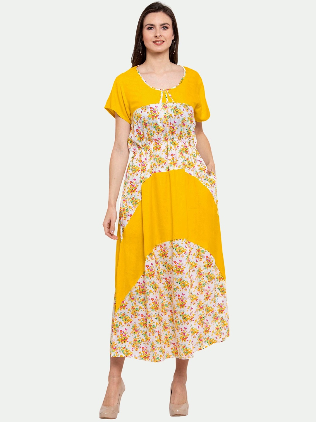 

PATRORNA Floral Printed A-Line Midi Cotton Dress, Mustard