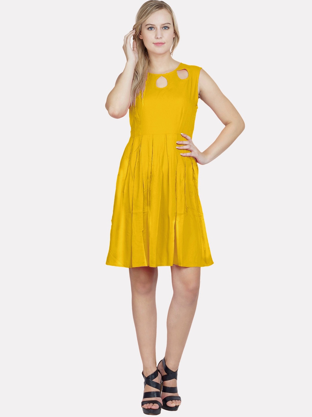 

PATRORNA Keyhole Neck Fit & Flare Cotton Dress, Yellow