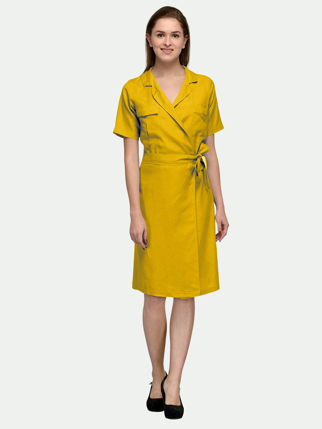 

PATRORNA V-Neck Cotton Wrap Dress, Mustard