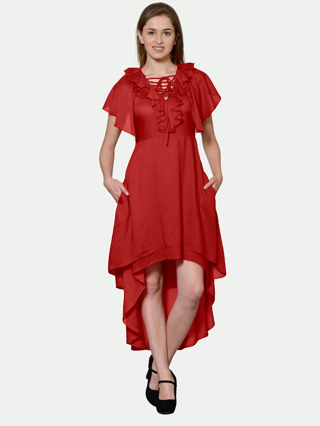 

PATRORNA Tie-Up Neck Fit & Flare Cotton Dress, Maroon
