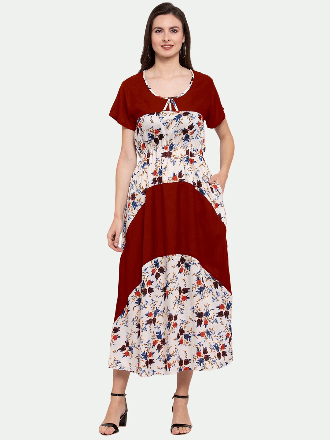 

PATRORNA Floral Printed A-Line Midi Cotton Dress, Maroon