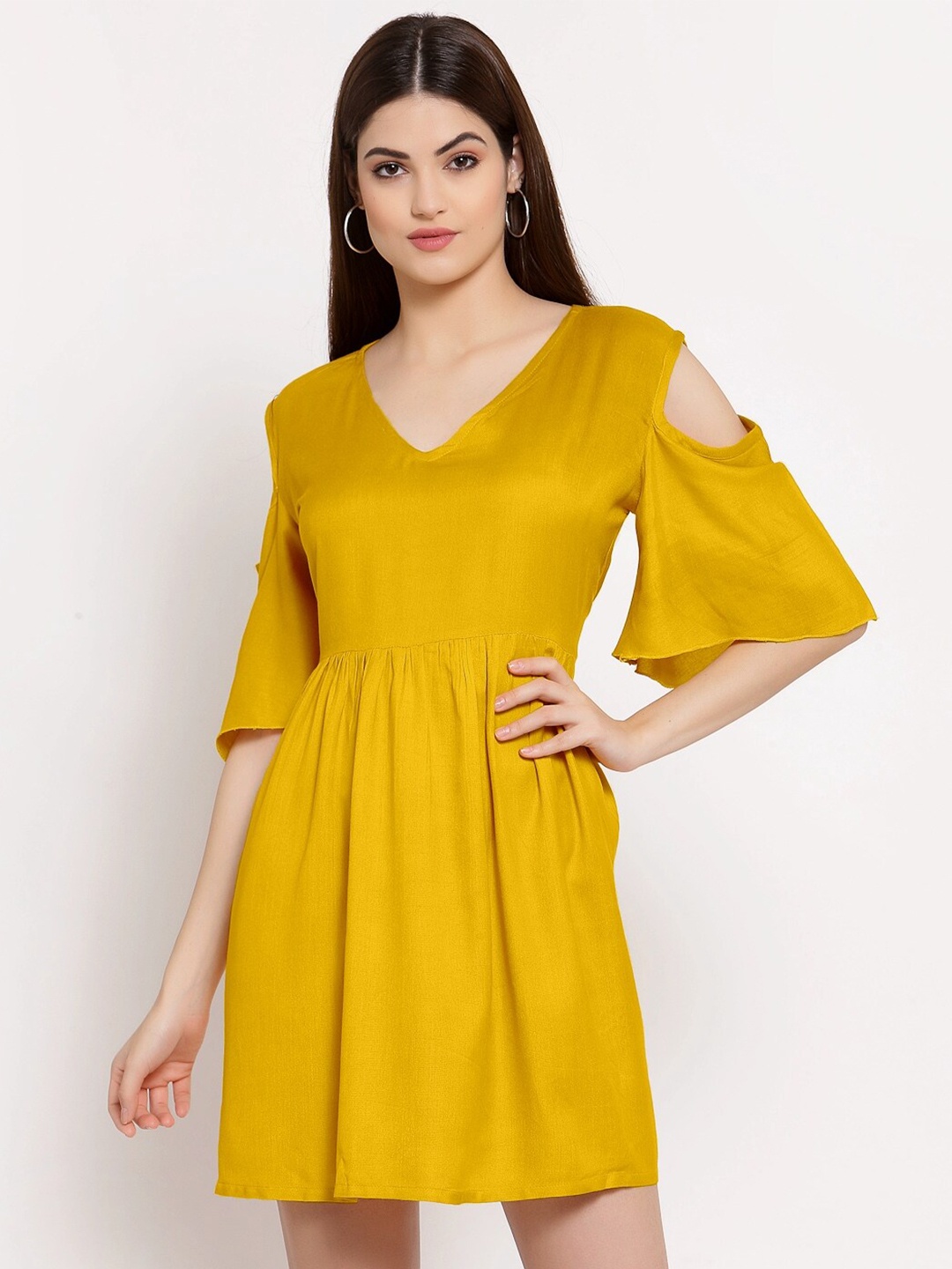 

PATRORNA Cotton Fit & Flare V-Neck Dress, Mustard