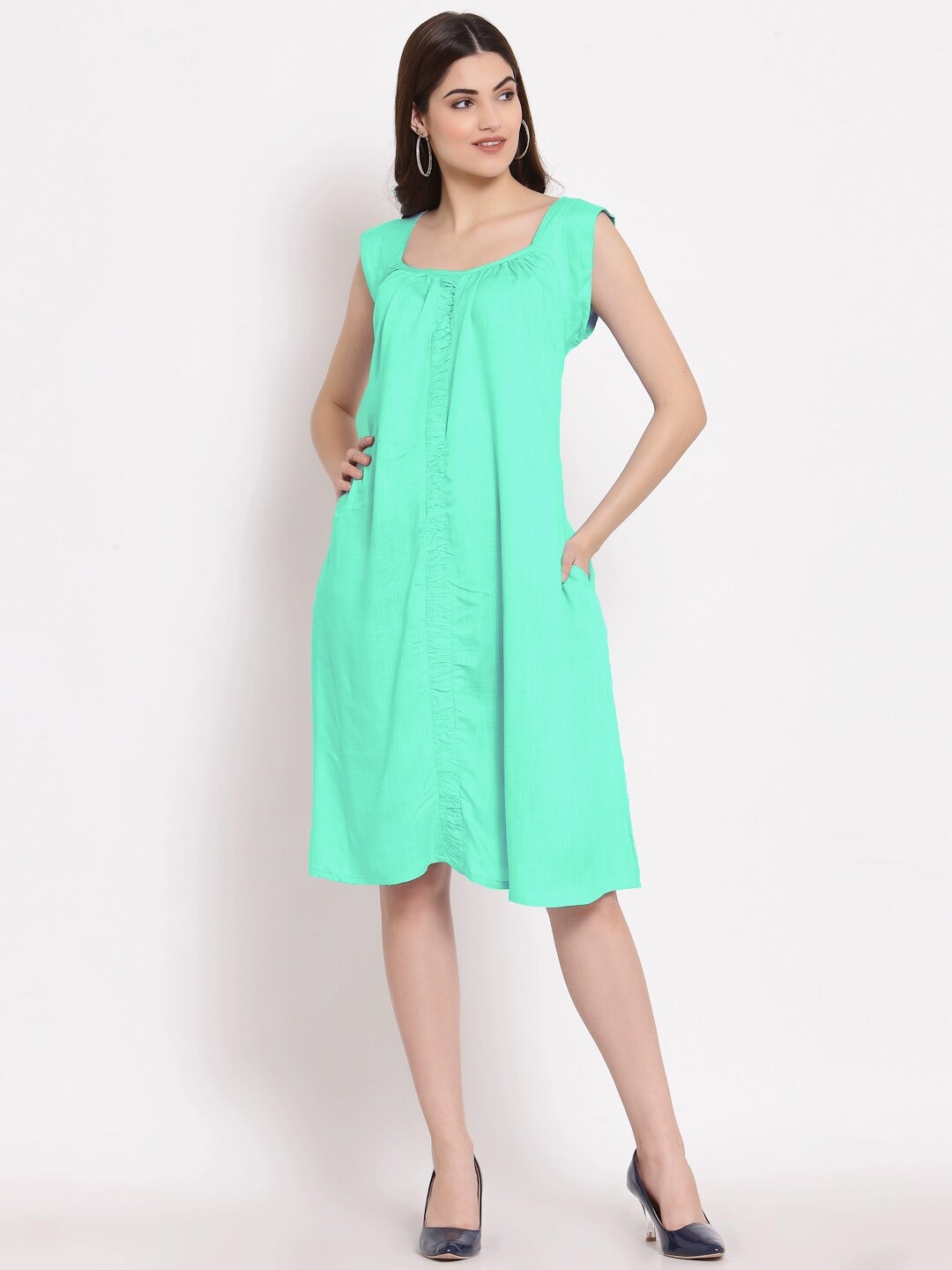 

PATRORNA Plus Size A-Line Cotton Dress, Sea green