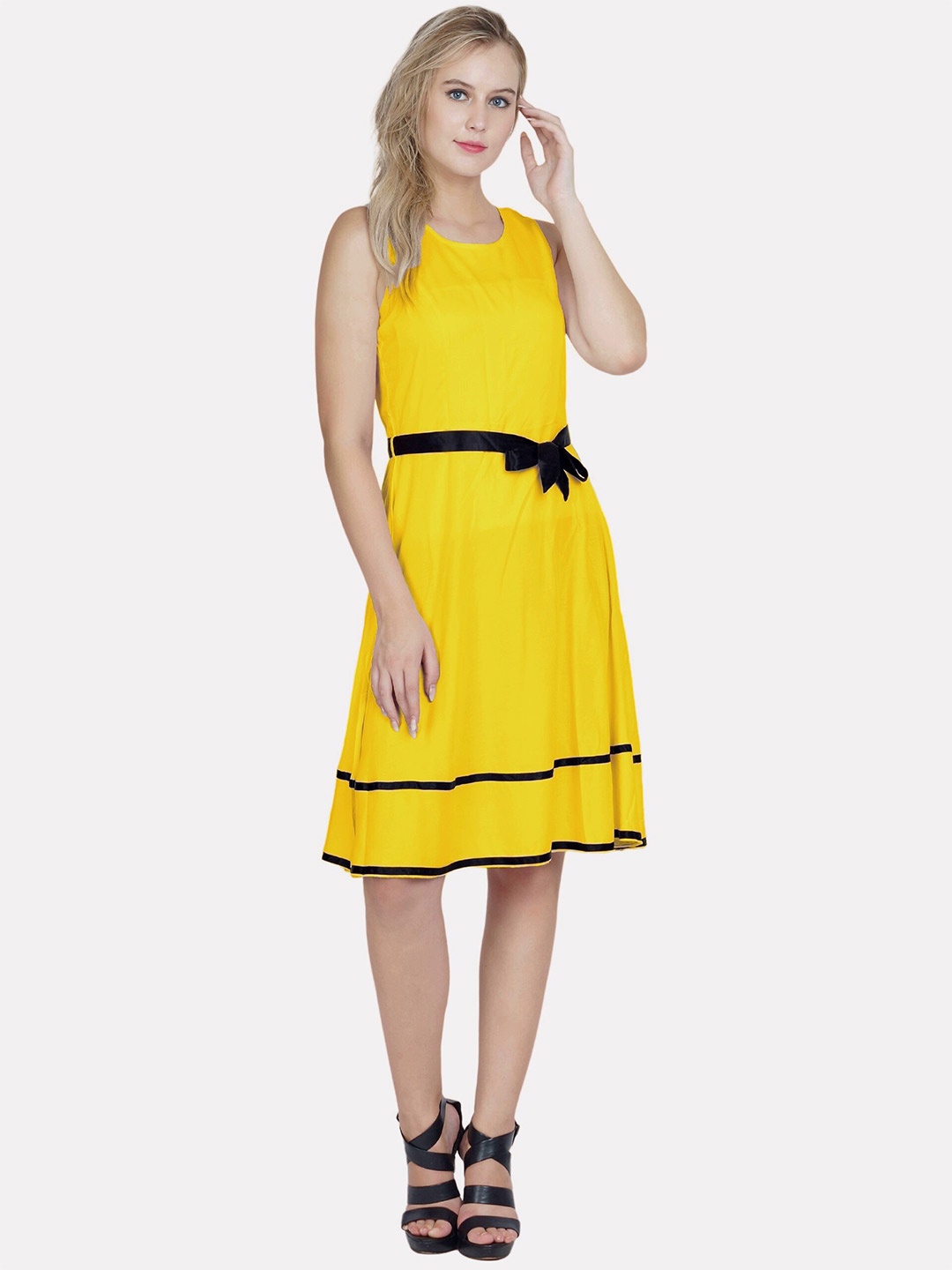 

PATRORNA Belted Round Neck Sleeveless A-Line Dress, Mustard