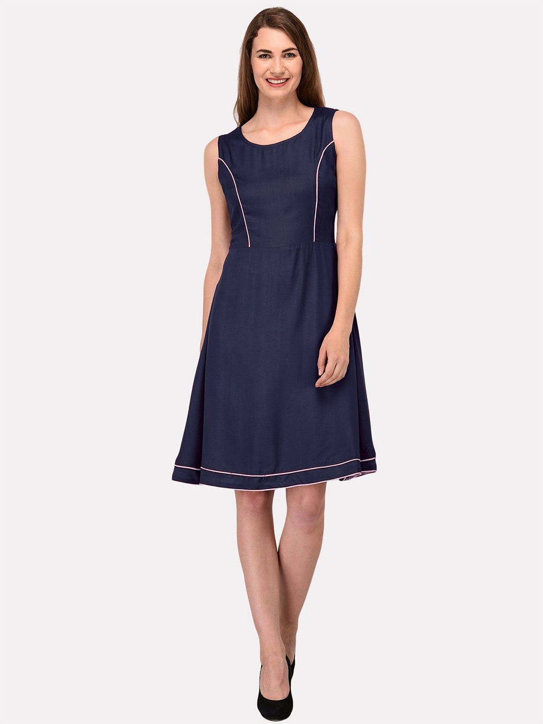 

PATRORNA Round Neck Fit & Flare Cotton Dress, Blue