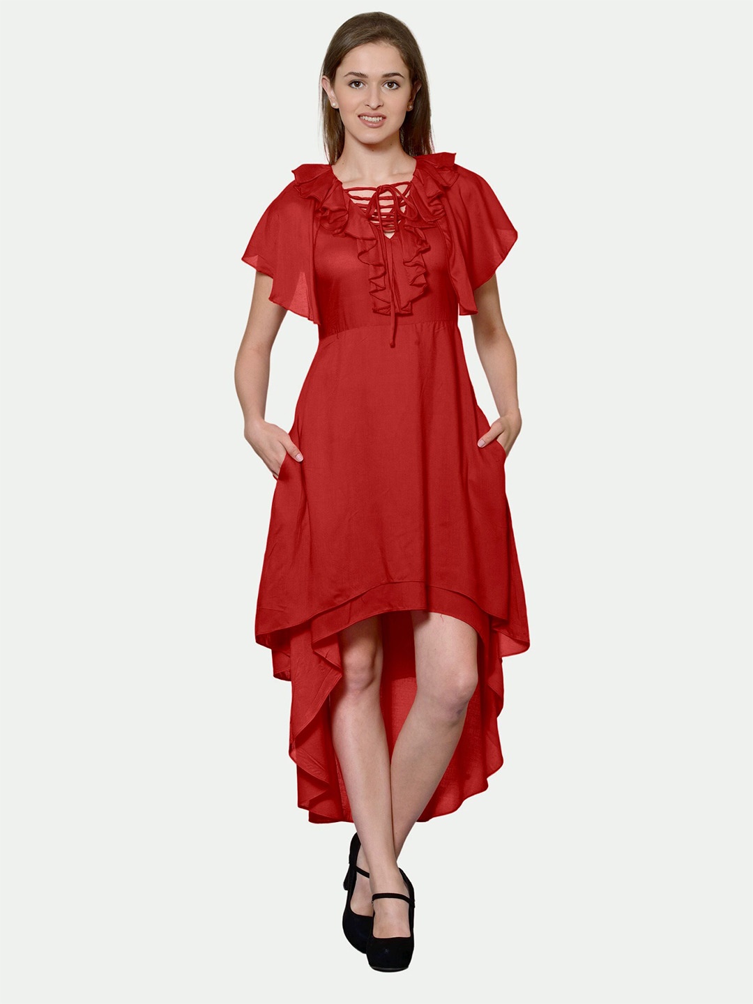

PATRORNA Tie-Up Neck Fit & Flare Cotton Dress, Maroon