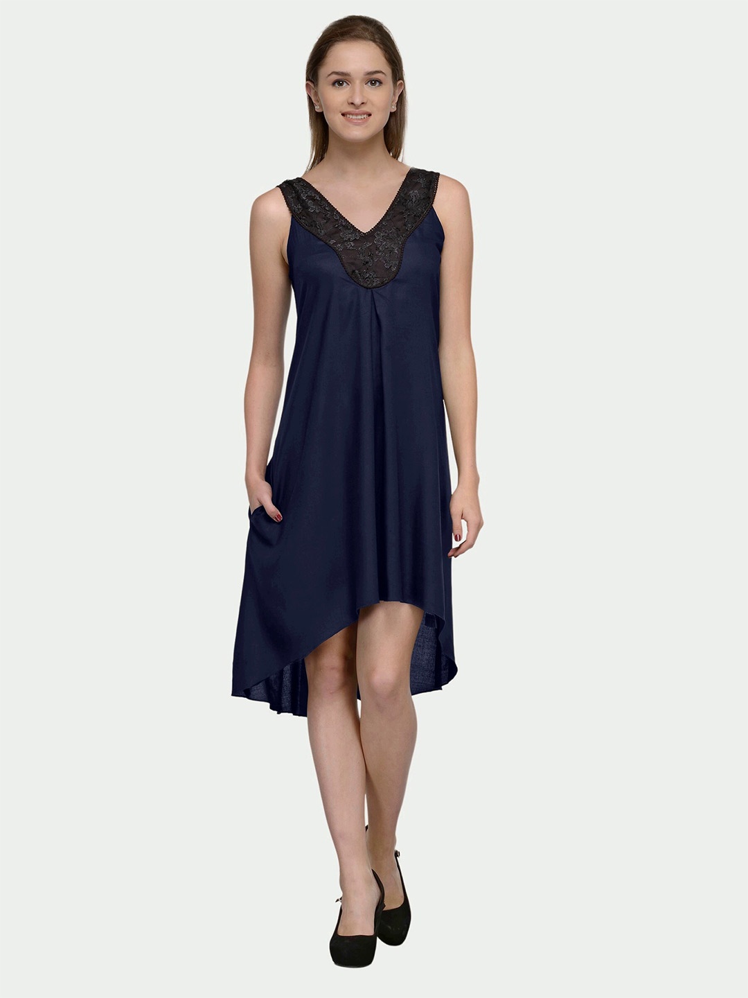 

PATRORNA A-Line V-Neck Cotton Dress, Navy blue