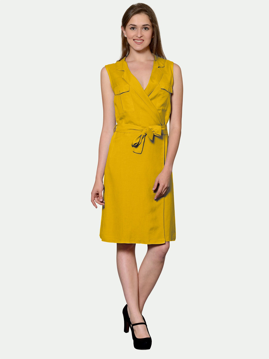 

PATRORNA V-Neck Cotton Wrap Dress, Mustard