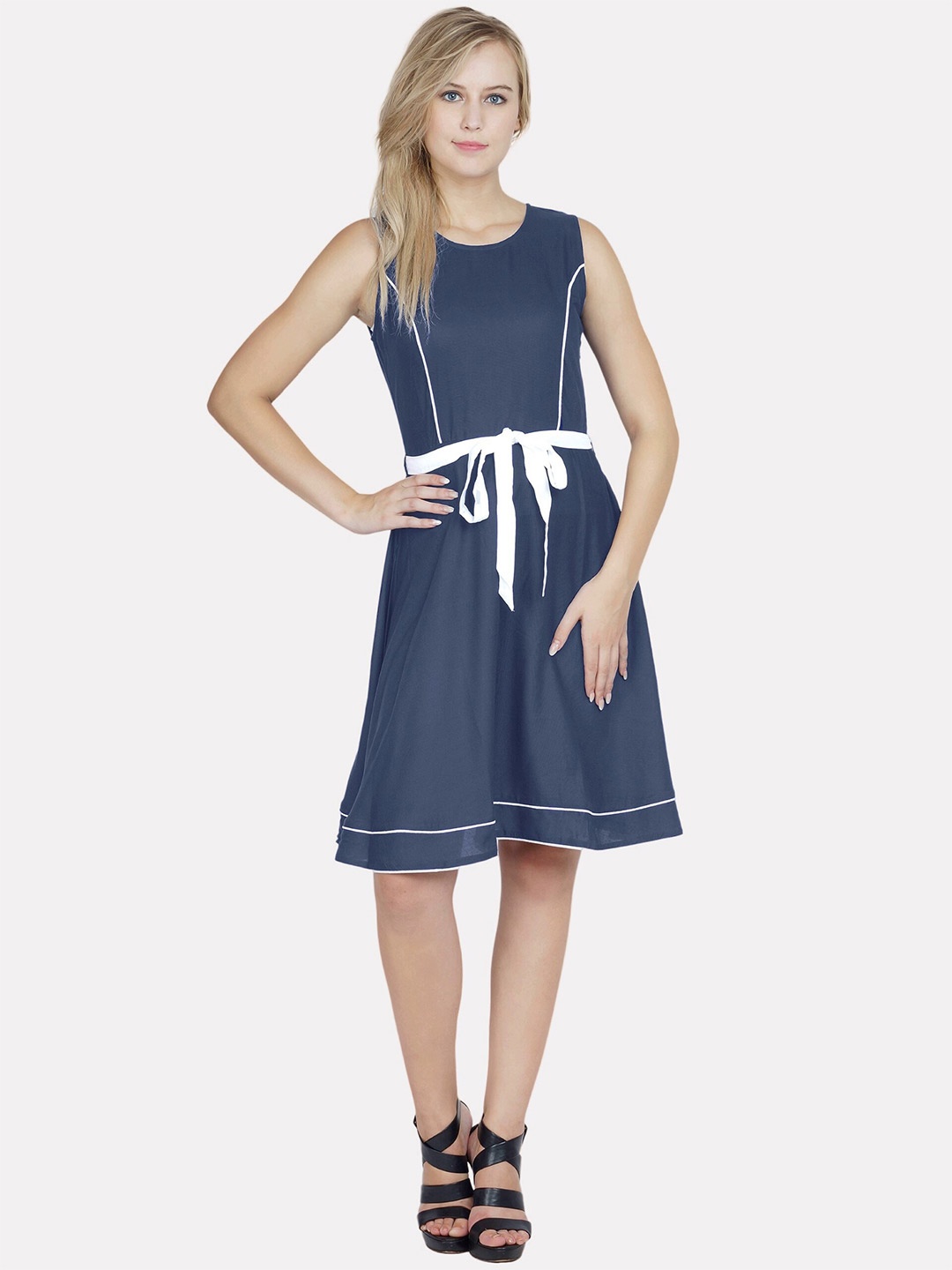 

PATRORNA Cotton Fit & Flare Sleeveless Dress, Navy blue