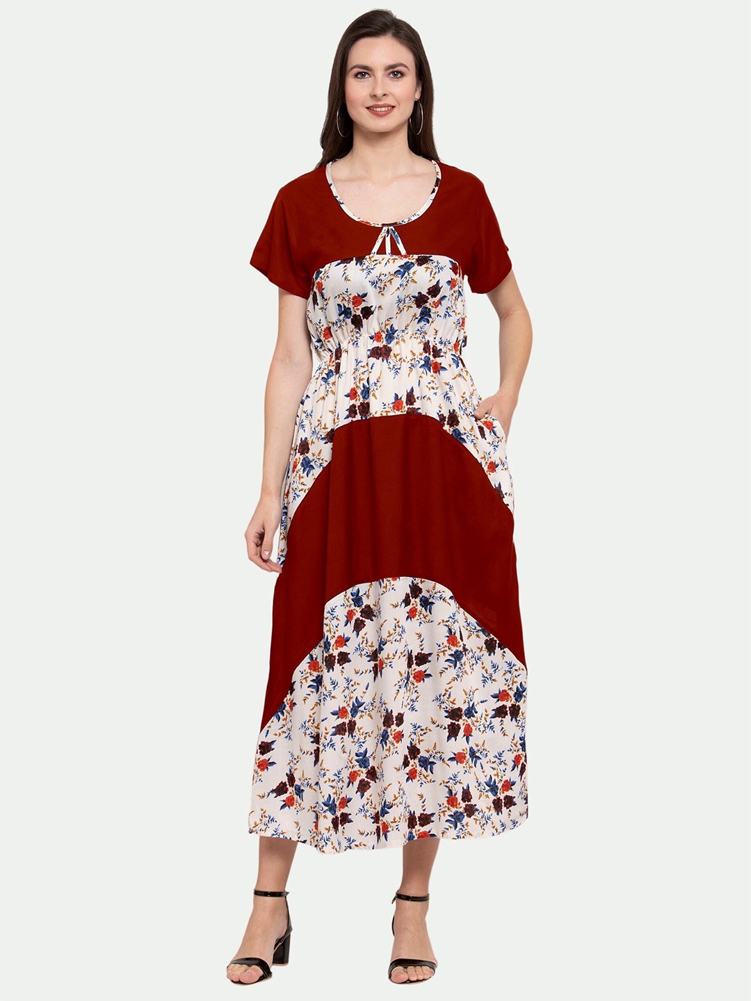 

PATRORNA Floral Cotton A-Line Midi Dress, Maroon