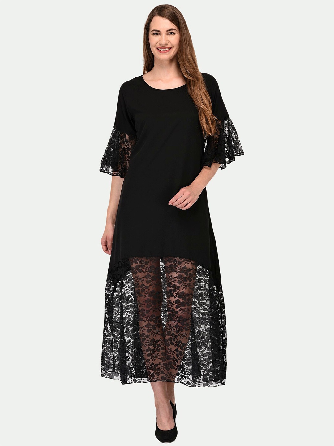 

PATRORNA Maxi Lace Inserts Cotton Dress, Black