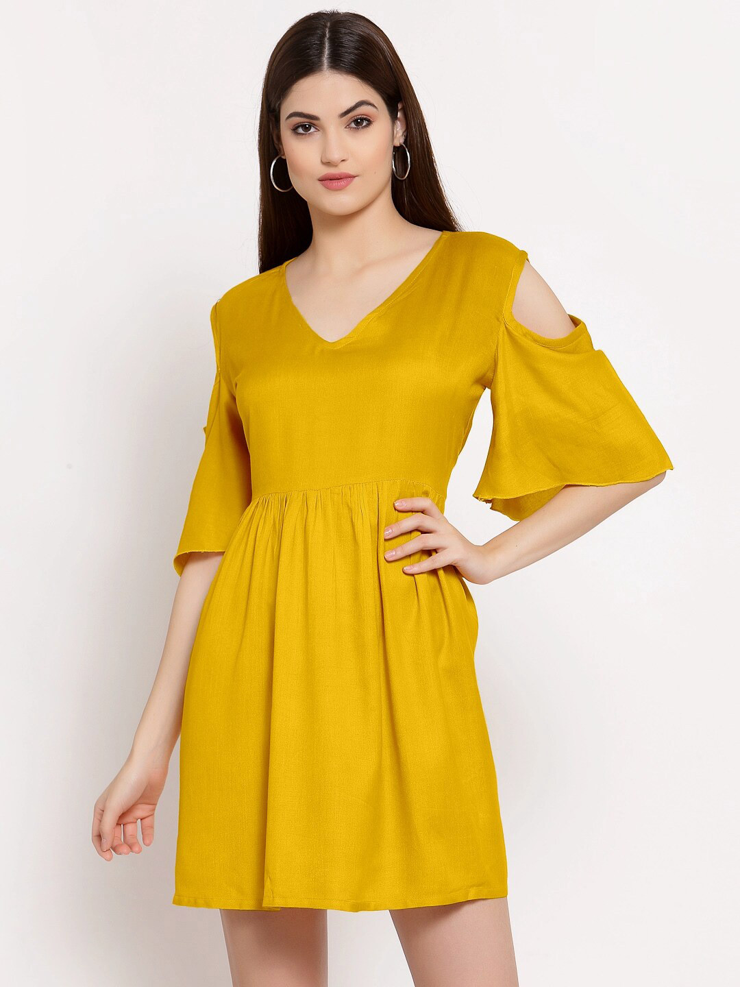 

PATRORNA Cold-Shoulder Sleeves Cotton Dress, Mustard